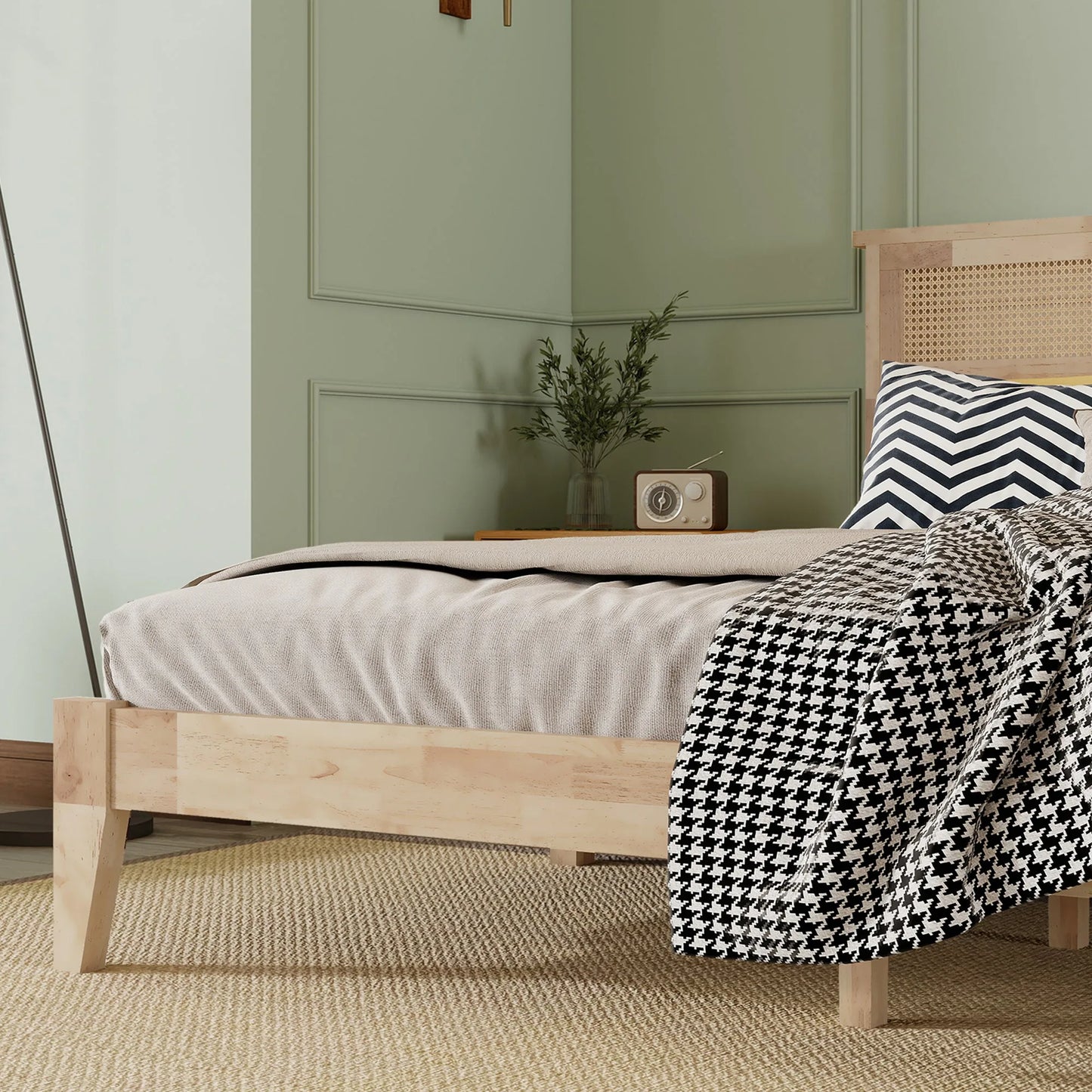 King Size Solid Wood Bed with Rattan Headboard, Rubber Wood Bed with Central Support Beams and Enhanced Feet, Natural detail view 4