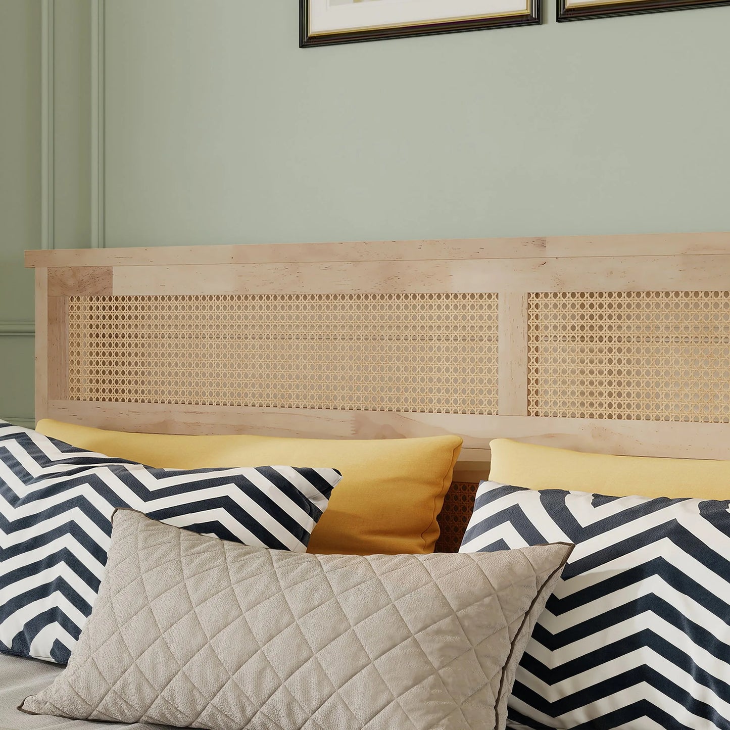 King Size Solid Wood Bed with Rattan Headboard, Rubber Wood Bed with Central Support Beams and Enhanced Feet, Natural detail view 5