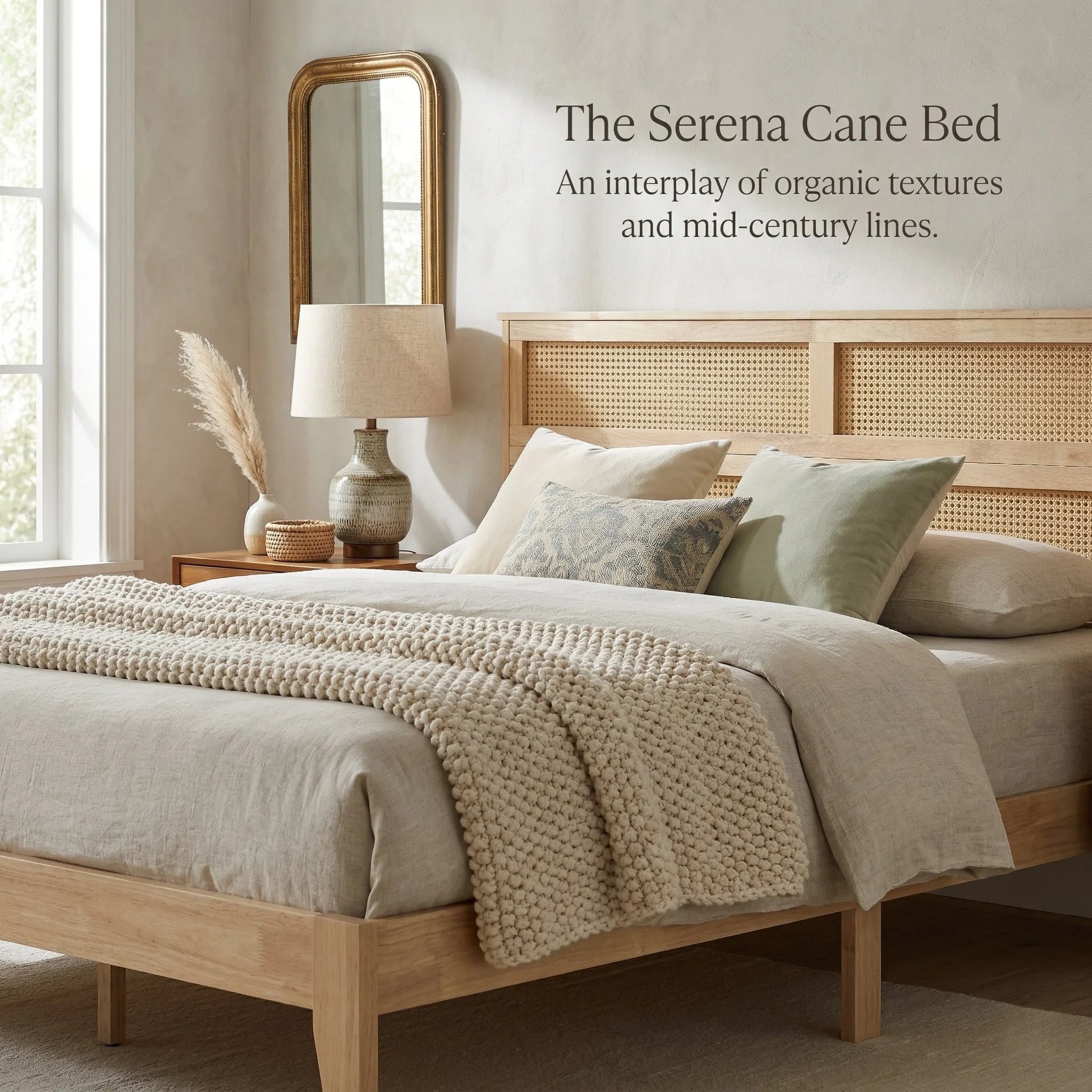 King Size Solid Wood Bed with Rattan Headboard, Rubber Wood Bed with Central Support Beams and Enhanced Feet, Natural detail view 7