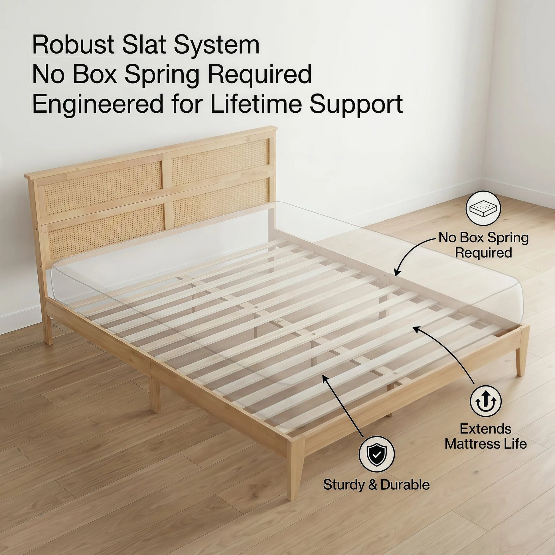 King Size Solid Wood Bed with Rattan Headboard, Rubber Wood Bed with Central Support Beams and Enhanced Feet, Natural detail view 8
