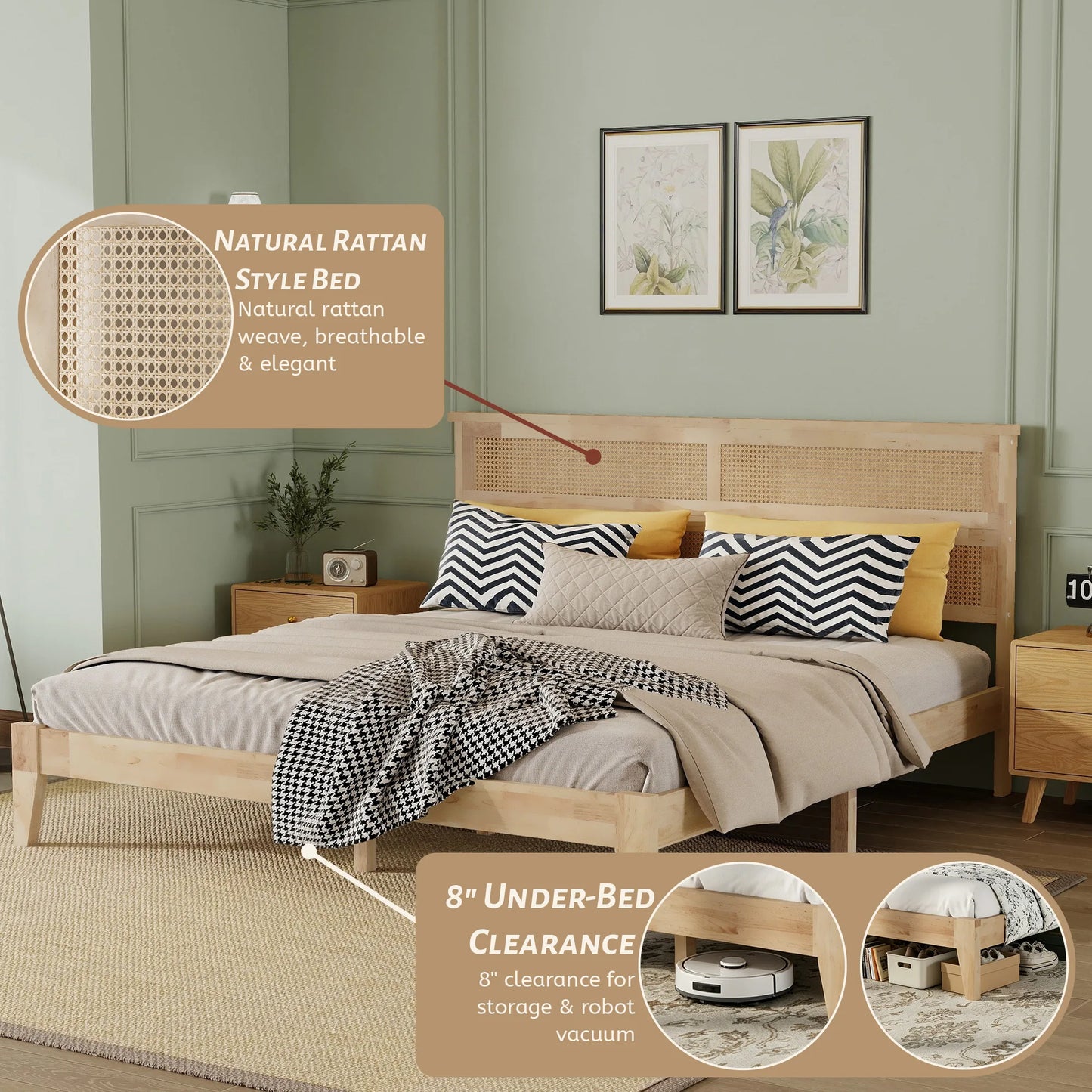 King Size Solid Wood Bed with Rattan Headboard, Rubber Wood Bed with Central Support Beams and Enhanced Feet, Natural detail view 9