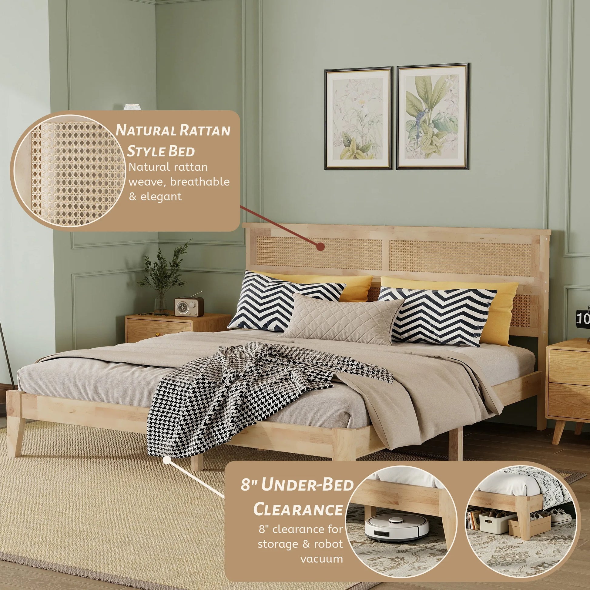 King Size Solid Wood Bed with Rattan Headboard, Rubber Wood Bed with Central Support Beams and Enhanced Feet, Natural detail view 9