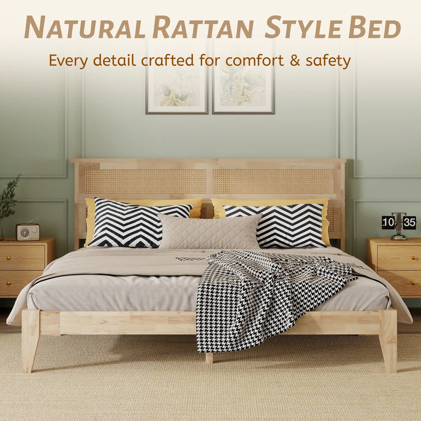 King Size Solid Wood Bed with Rattan Headboard, Rubber Wood Bed with Central Support Beams and Enhanced Feet, Natural detail view 10