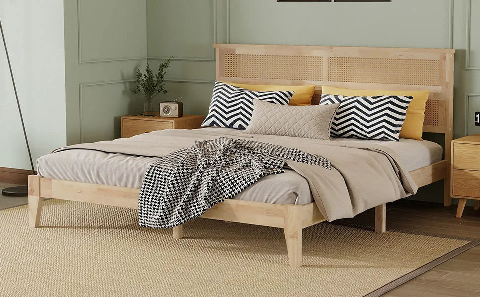 King Size Solid Wood Bed with Rattan Headboard, Rubber Wood Bed with Central Support Beams and Enhanced Feet, Natural detail view 11