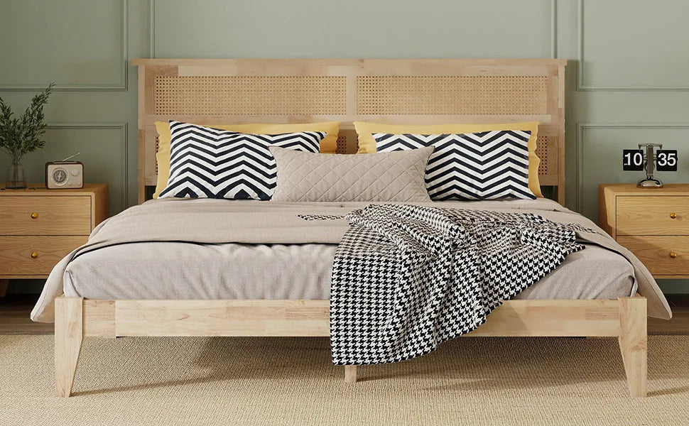 King Size Solid Wood Bed with Rattan Headboard, Rubber Wood Bed with Central Support Beams and Enhanced Feet, Natural detail view 12
