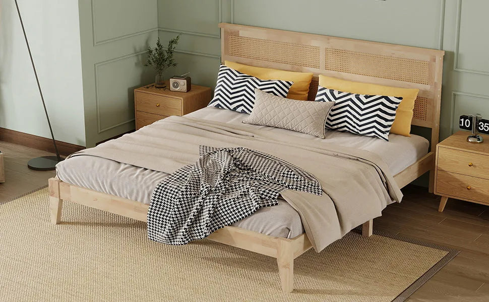 King Size Solid Wood Bed with Rattan Headboard, Rubber Wood Bed with Central Support Beams and Enhanced Feet, Natural detail view 13
