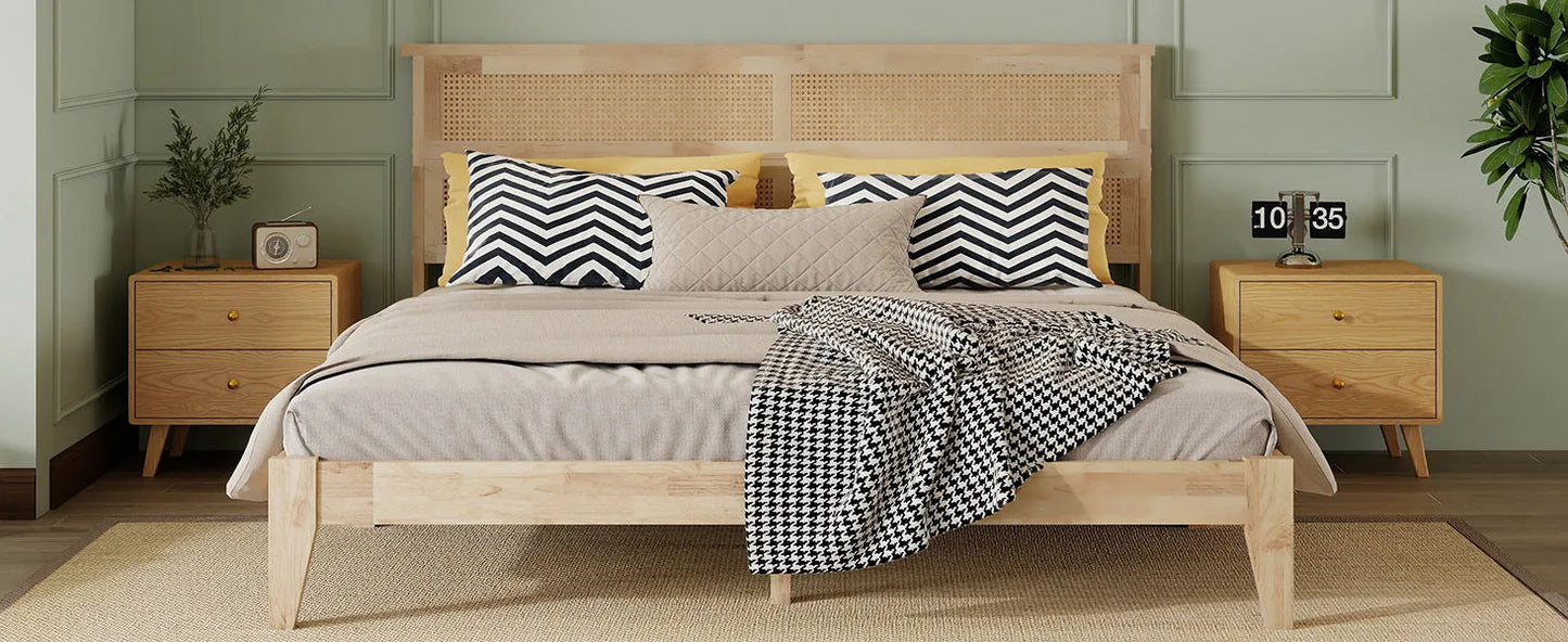 King Size Solid Wood Bed with Rattan Headboard, Rubber Wood Bed with Central Support Beams and Enhanced Feet, Natural detail view 14