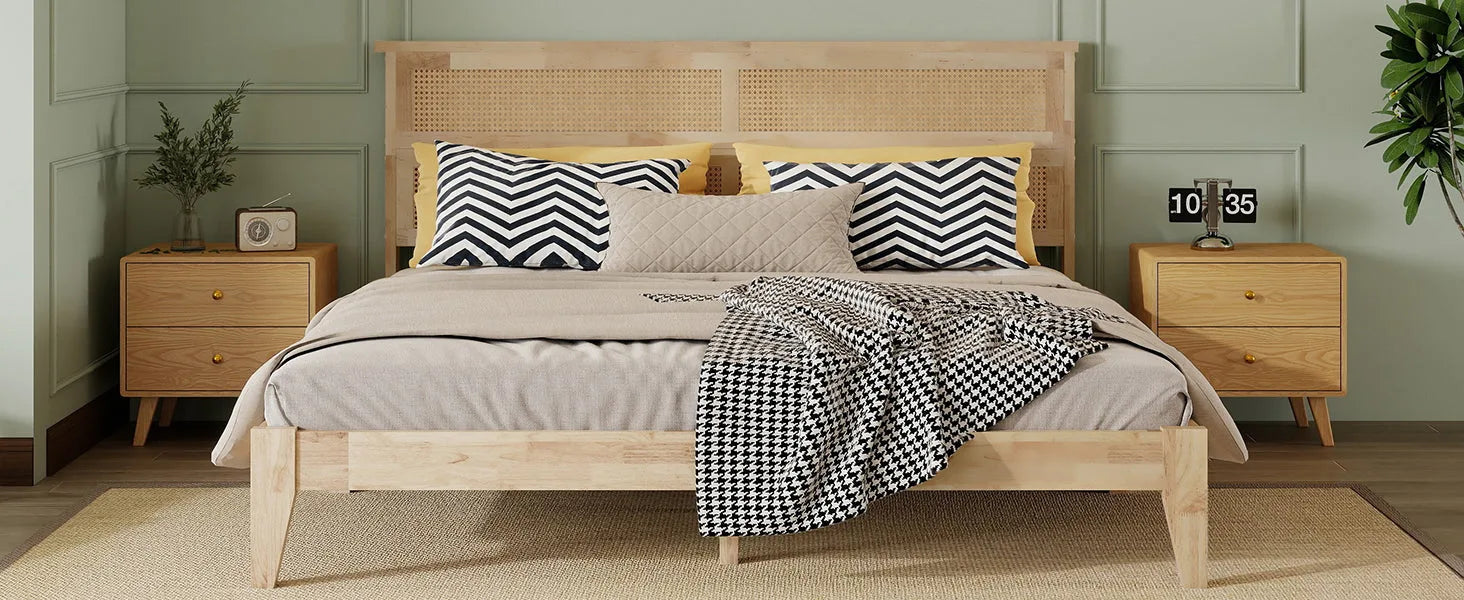 King Size Solid Wood Bed with Rattan Headboard, Rubber Wood Bed with Central Support Beams and Enhanced Feet, Natural detail view 14