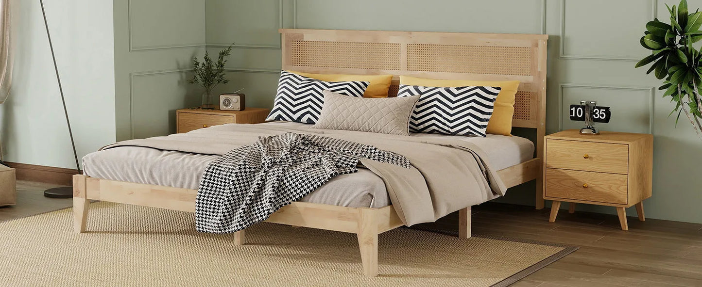 King Size Solid Wood Bed with Rattan Headboard, Rubber Wood Bed with Central Support Beams and Enhanced Feet, Natural detail view 15