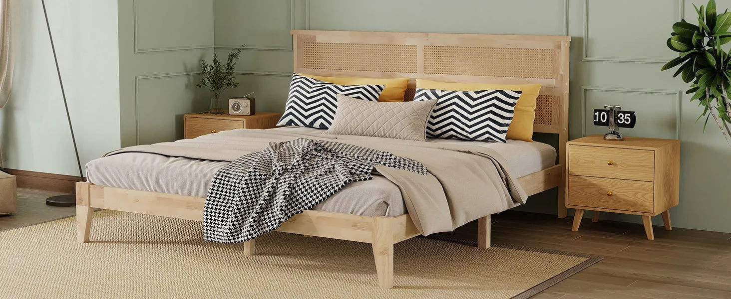King Size Solid Wood Bed with Rattan Headboard, Rubber Wood Bed with Central Support Beams and Enhanced Feet, Natural detail view 15