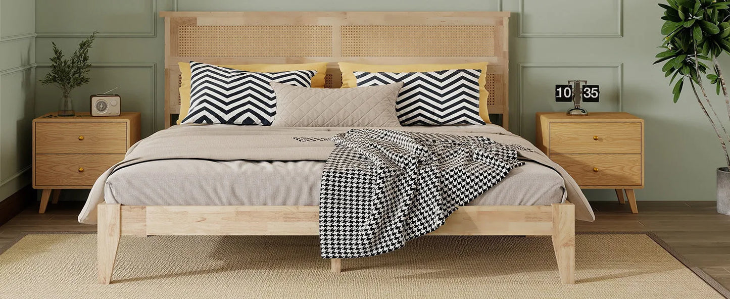 King Size Solid Wood Bed with Rattan Headboard, Rubber Wood Bed with Central Support Beams and Enhanced Feet, Natural detail view 16