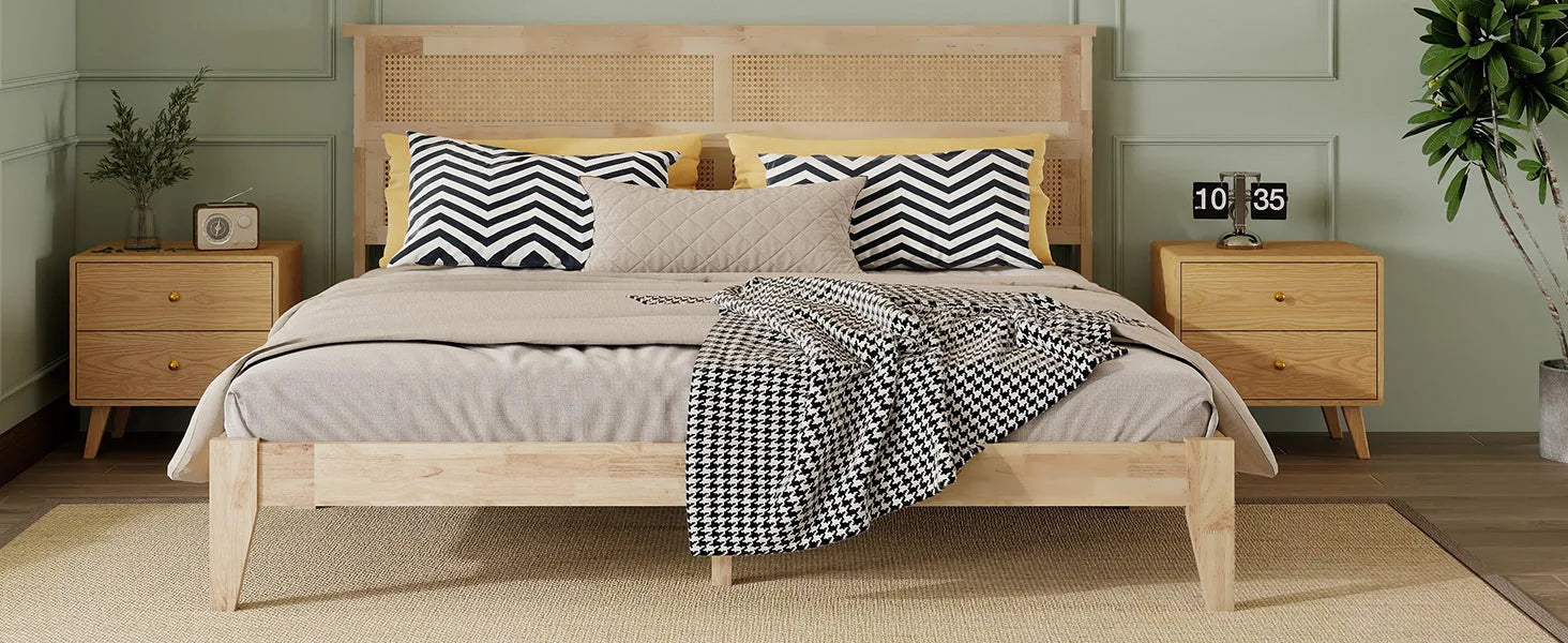 King Size Solid Wood Bed with Rattan Headboard, Rubber Wood Bed with Central Support Beams and Enhanced Feet, Natural detail view 16