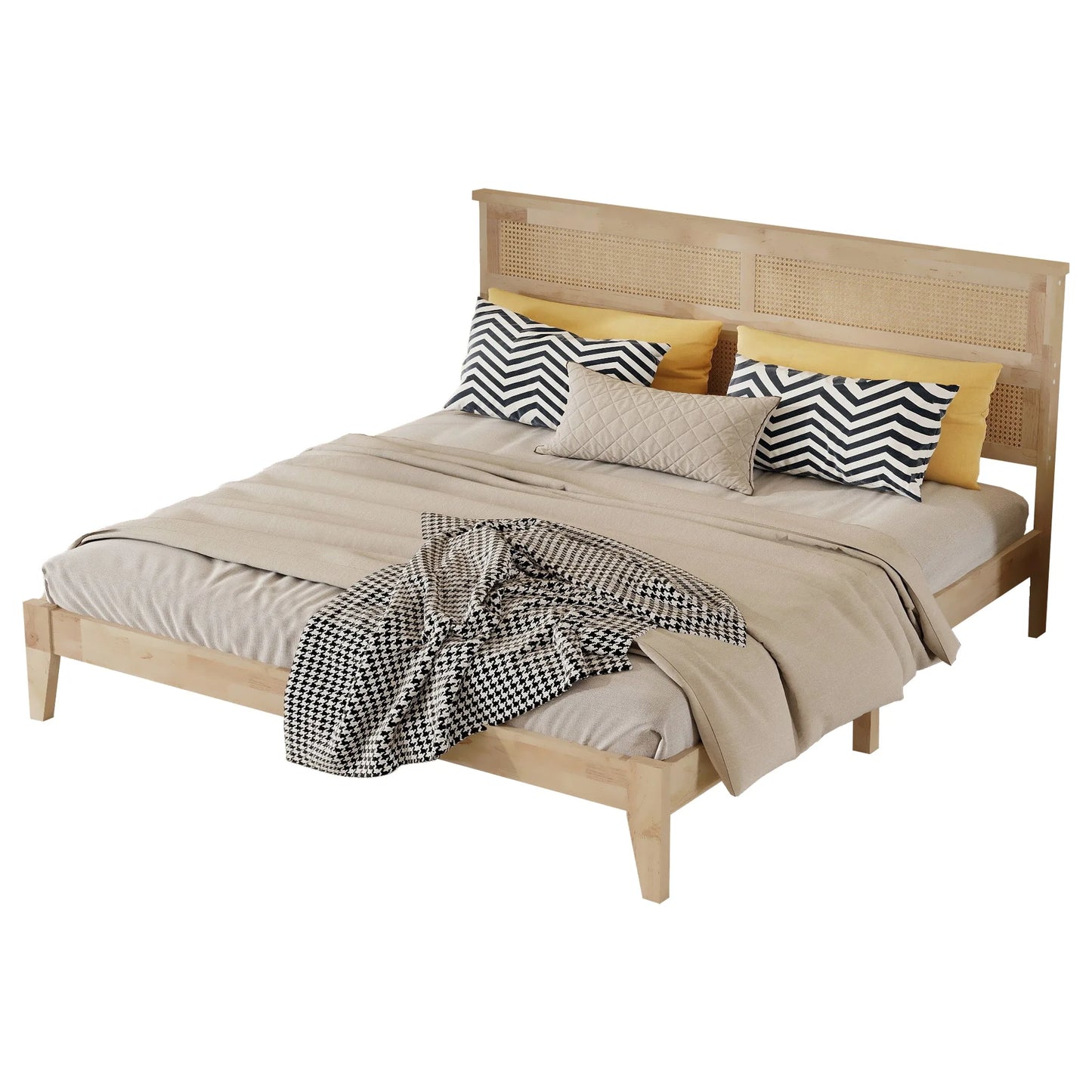 King Size Solid Wood Bed with Rattan Headboard, Rubber Wood Bed with Central Support Beams and Enhanced Feet, Natural detail view 17