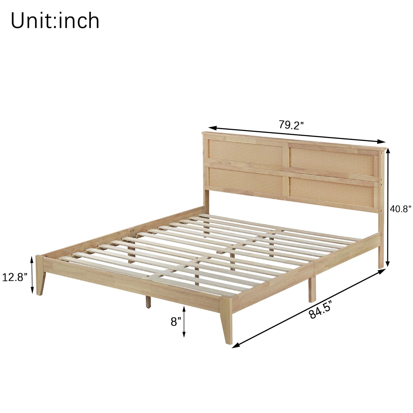 King Size Solid Wood Bed with Rattan Headboard, Rubber Wood Bed with Central Support Beams and Enhanced Feet, Natural detail view 18