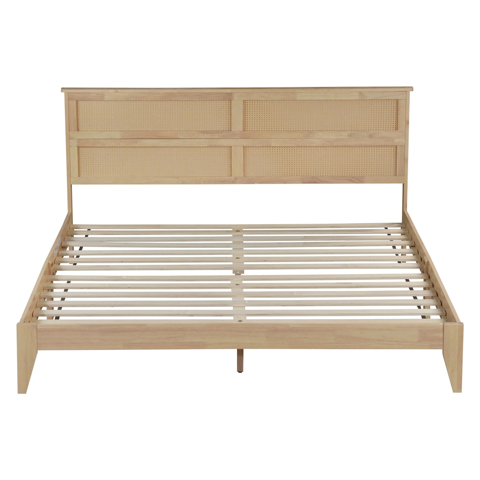 King Size Solid Wood Bed with Rattan Headboard, Rubber Wood Bed with Central Support Beams and Enhanced Feet, Natural detail view 19
