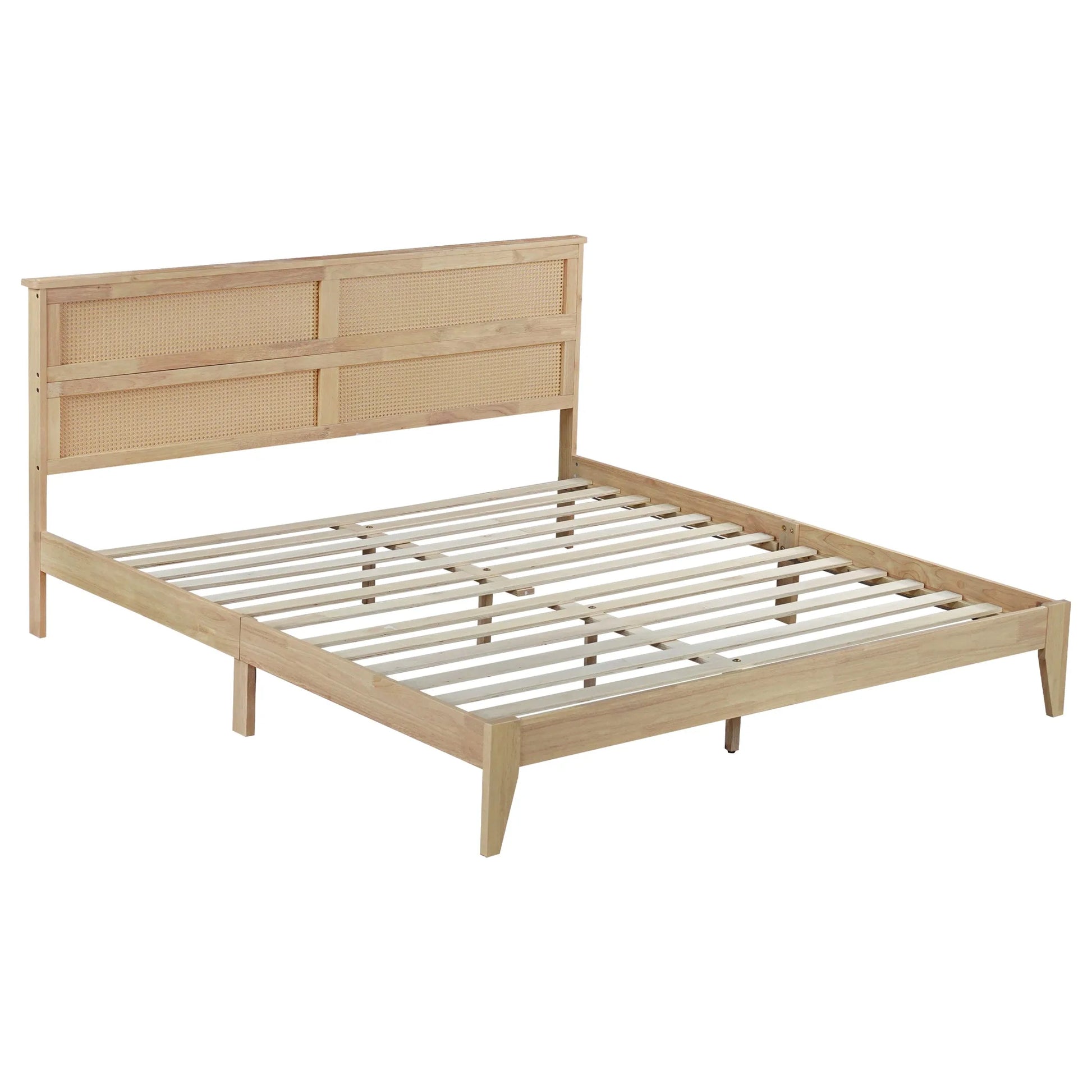 King Size Solid Wood Bed with Rattan Headboard, Rubber Wood Bed with Central Support Beams and Enhanced Feet, Natural detail view 20