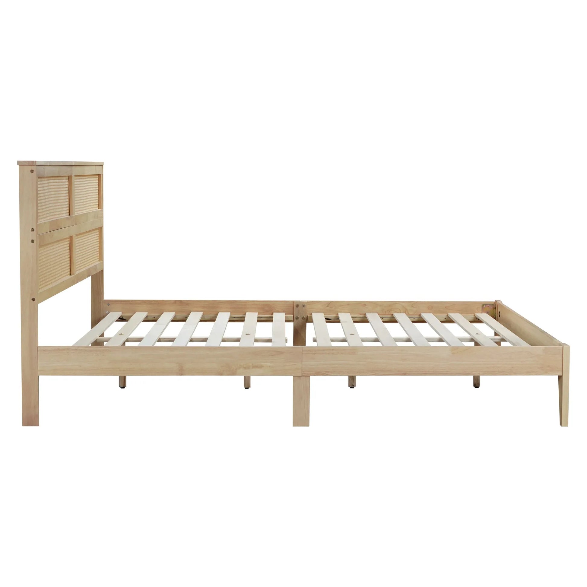 King Size Solid Wood Bed with Rattan Headboard, Rubber Wood Bed with Central Support Beams and Enhanced Feet, Natural detail view 21