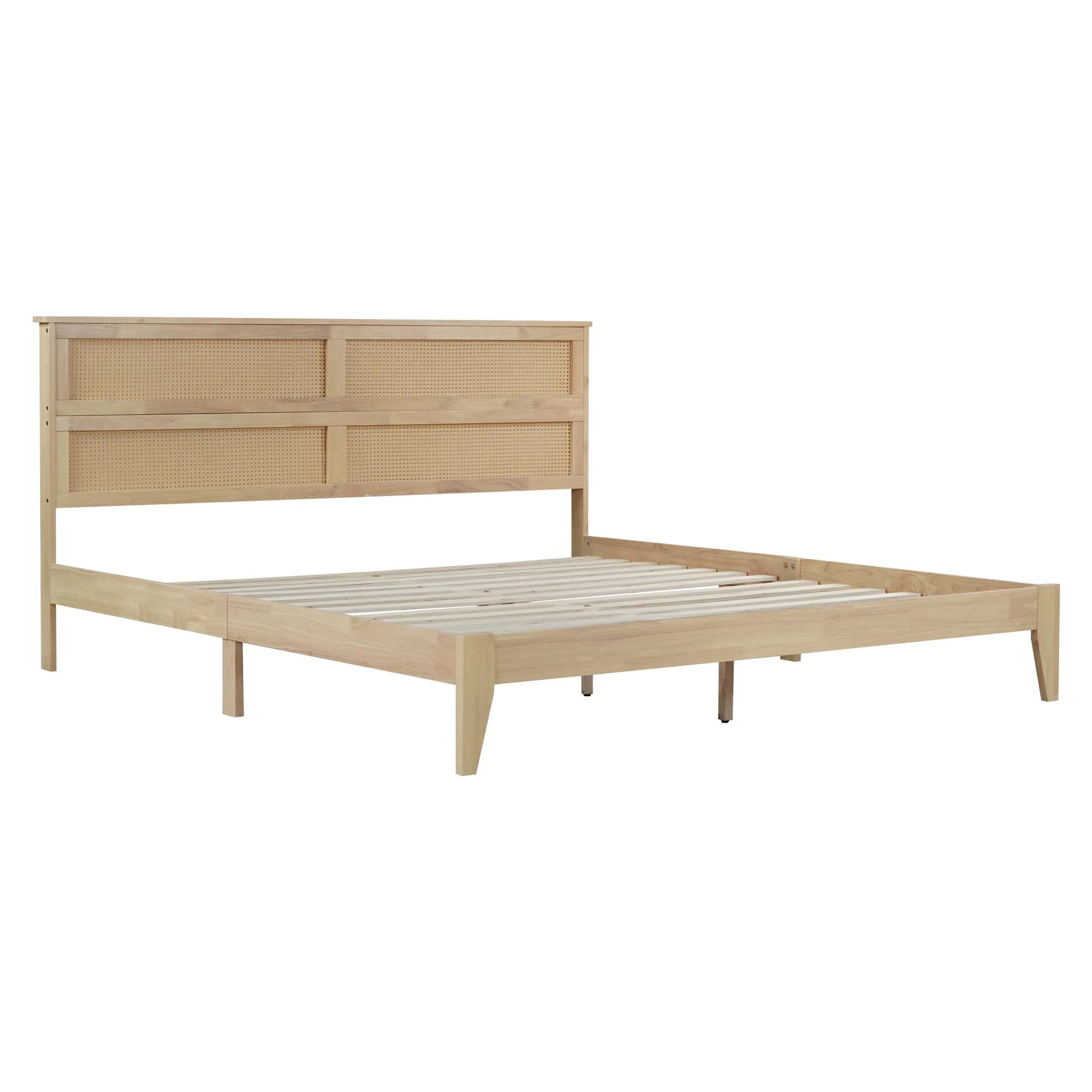 King Size Solid Wood Bed with Rattan Headboard, Rubber Wood Bed with Central Support Beams and Enhanced Feet, Natural detail view 22