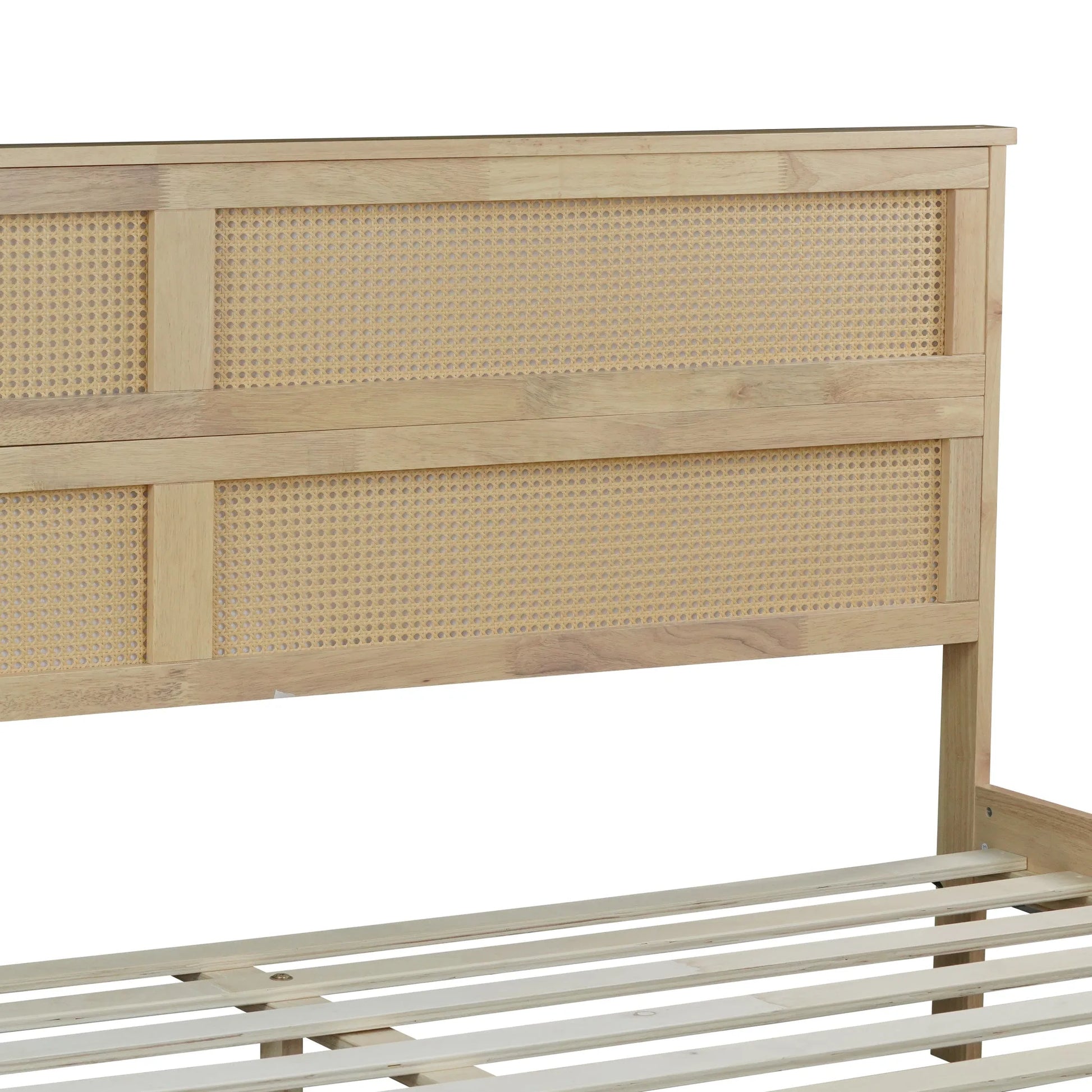 King Size Solid Wood Bed with Rattan Headboard, Rubber Wood Bed with Central Support Beams and Enhanced Feet, Natural detail view 23