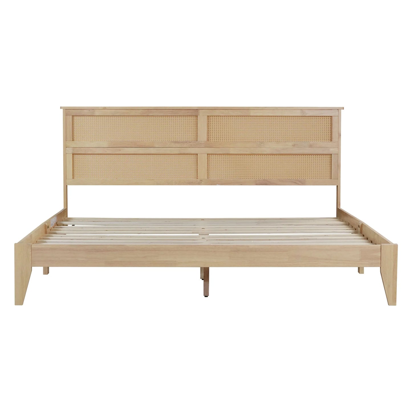 King Size Solid Wood Bed with Rattan Headboard, Rubber Wood Bed with Central Support Beams and Enhanced Feet, Natural detail view 24