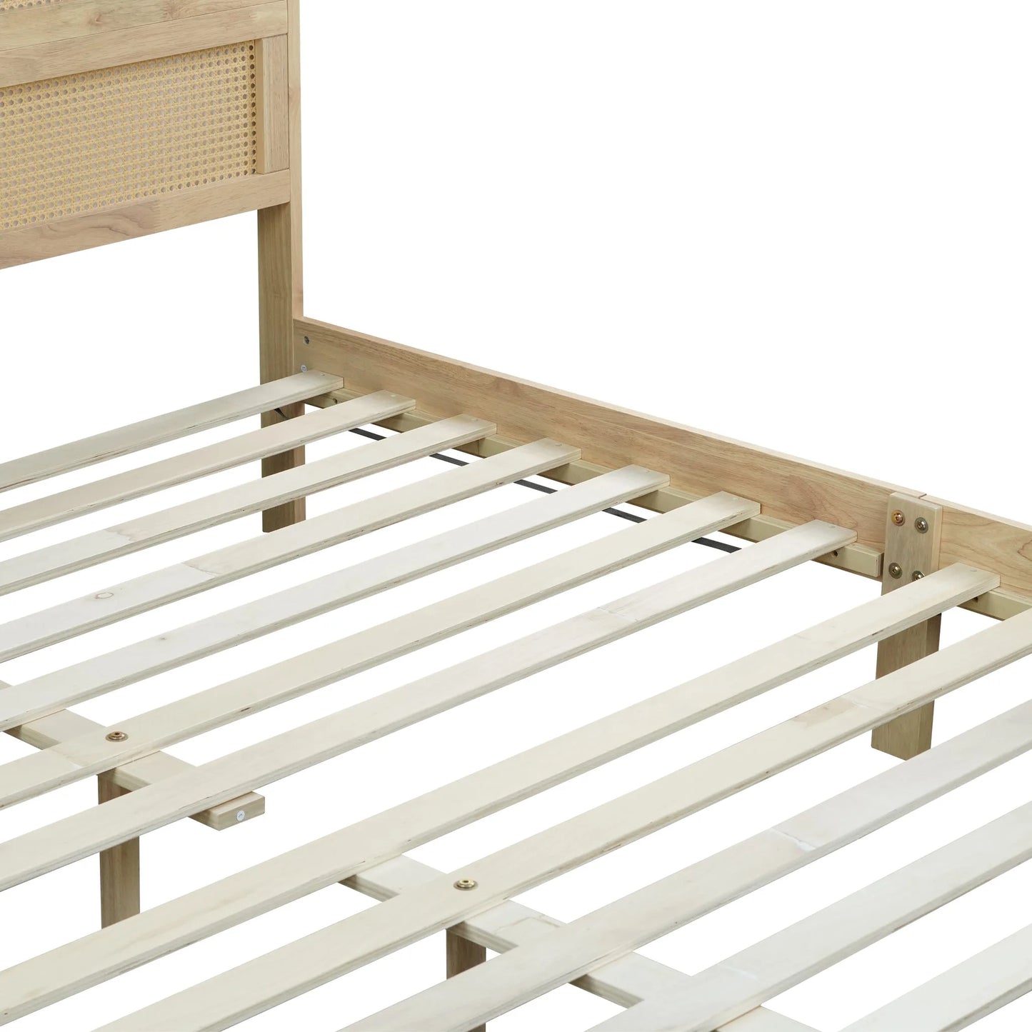 King Size Solid Wood Bed with Rattan Headboard, Rubber Wood Bed with Central Support Beams and Enhanced Feet, Natural detail view 26
