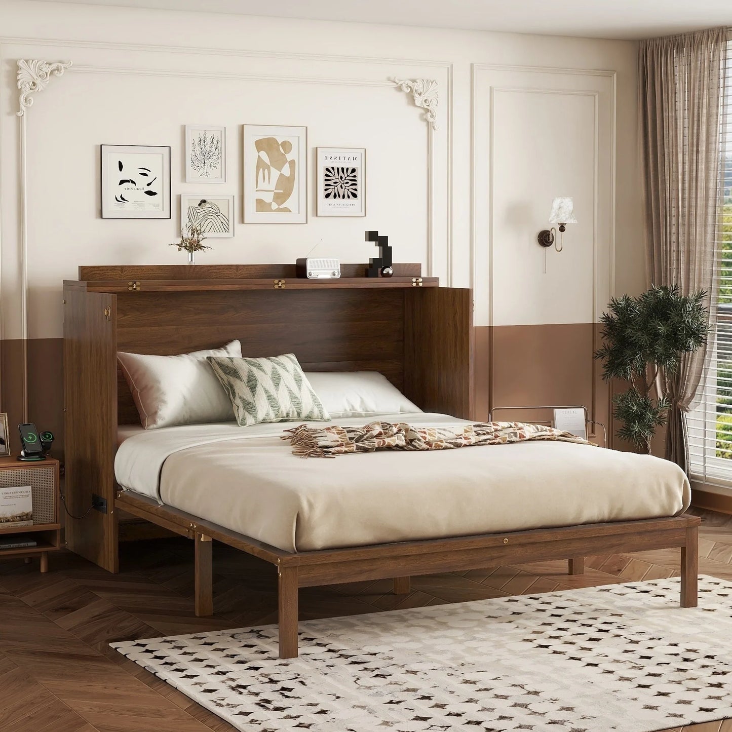 Queen Size Murphy Bed, Pine Wood Cabinet Bed with Power Station and Rattan Decoration Panel, Walnut lifestyle view