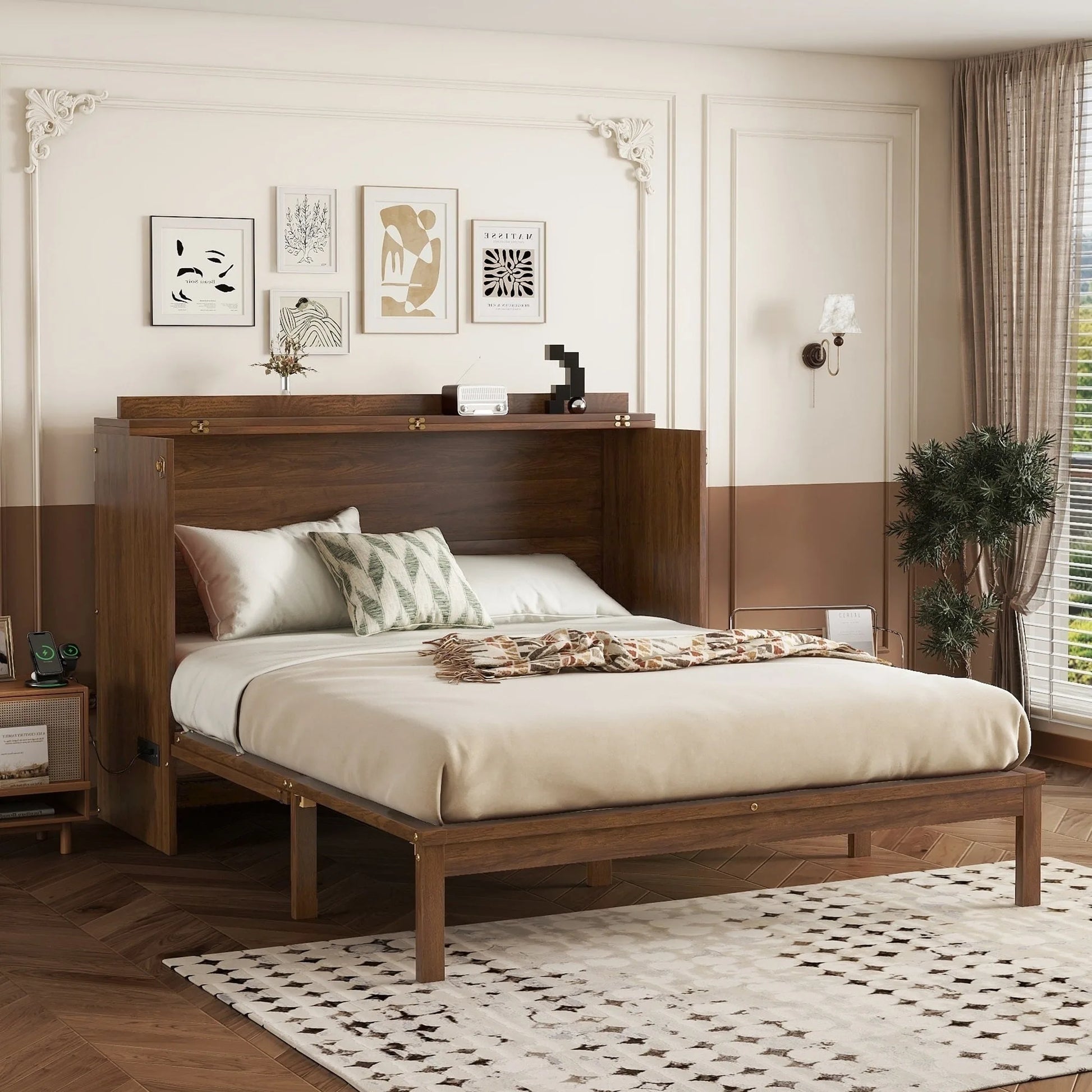 Queen Size Murphy Bed, Pine Wood Cabinet Bed with Power Station and Rattan Decoration Panel, Walnut lifestyle view