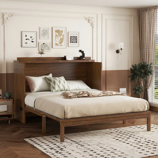 Queen Size Murphy Bed, Pine Wood Cabinet Bed with Power Station and Rattan Decoration Panel, Walnut lifestyle view