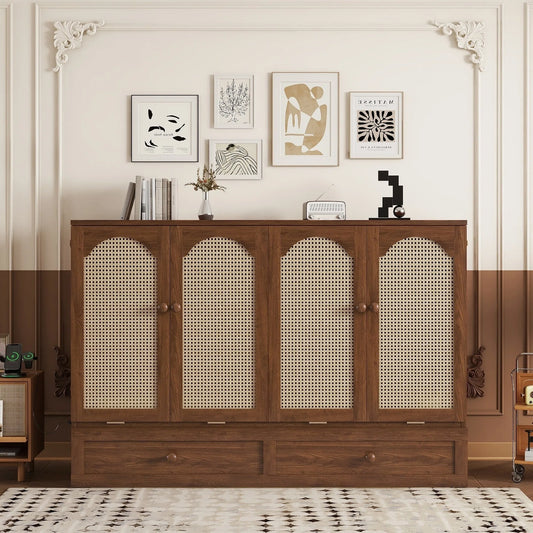 Queen Size Murphy Bed, Pine Wood Cabinet Bed with Power Station and Rattan Decoration Panel, Walnut detail view 2