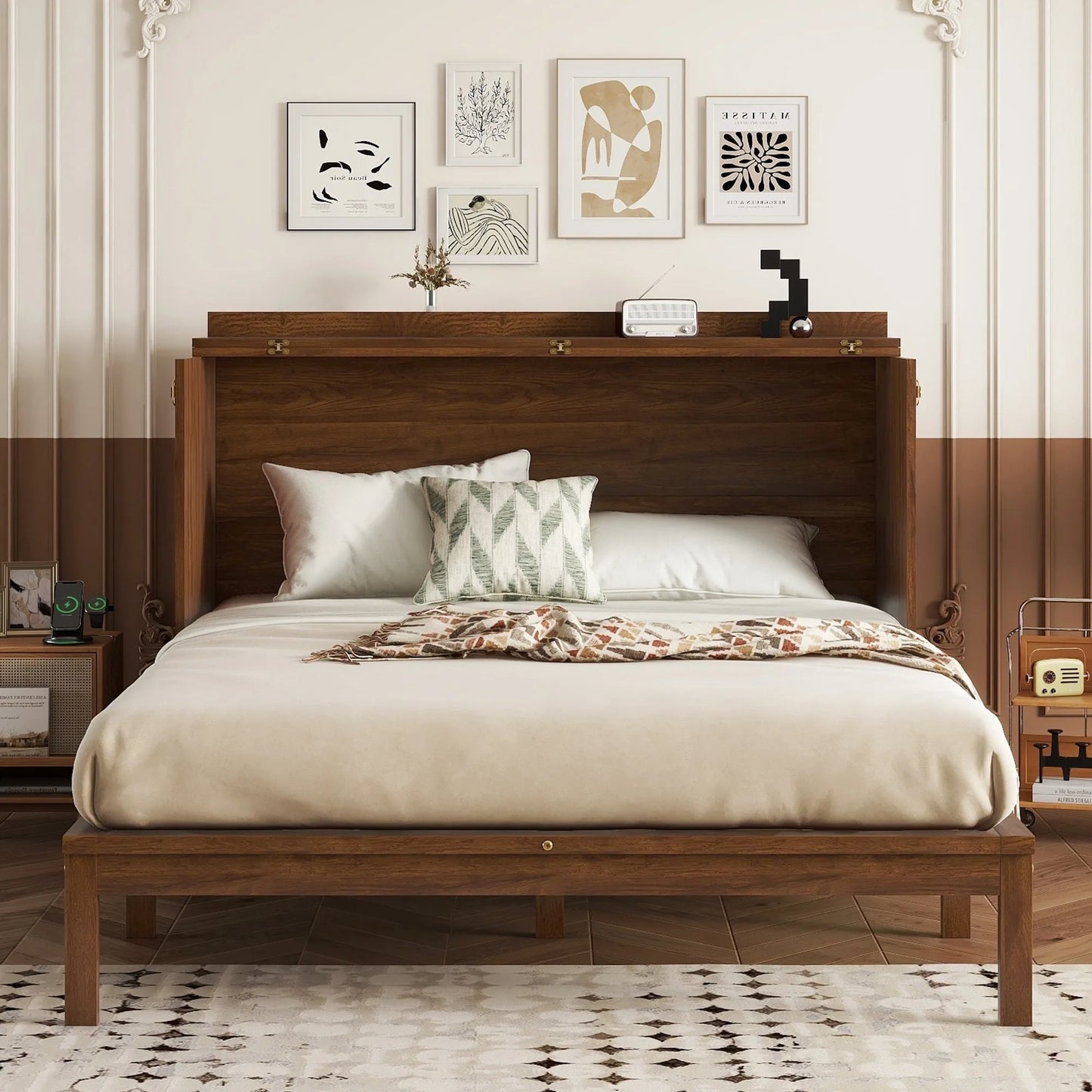 Queen Size Murphy Bed, Pine Wood Cabinet Bed with Power Station and Rattan Decoration Panel, Walnut detail view 3