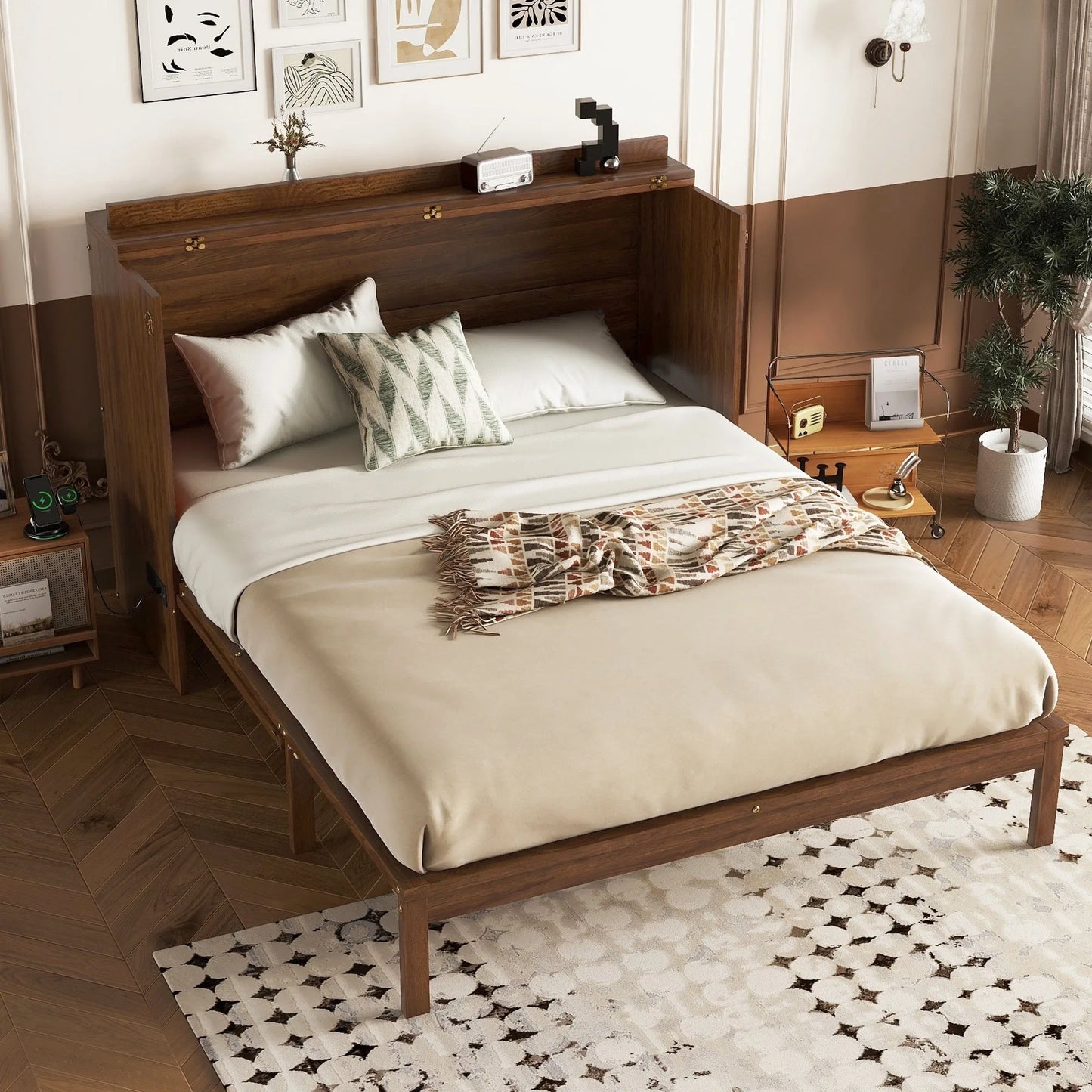 Queen Size Murphy Bed, Pine Wood Cabinet Bed with Power Station and Rattan Decoration Panel, Walnut detail view 4