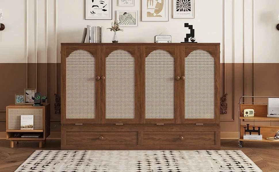 Queen Size Murphy Bed, Pine Wood Cabinet Bed with Power Station and Rattan Decoration Panel, Walnut detail view 5