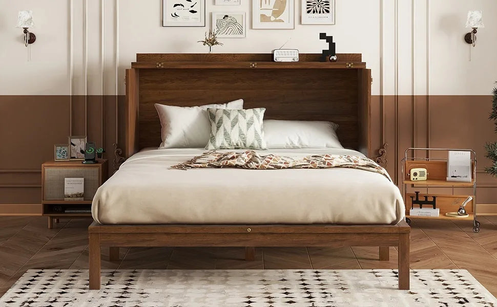 Queen Size Murphy Bed, Pine Wood Cabinet Bed with Power Station and Rattan Decoration Panel, Walnut detail view 6