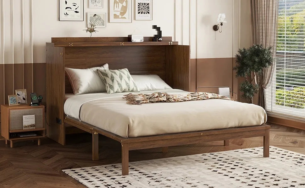 Queen Size Murphy Bed, Pine Wood Cabinet Bed with Power Station and Rattan Decoration Panel, Walnut detail view 7