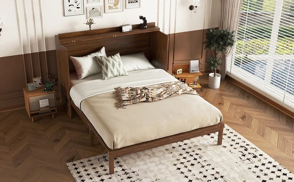Queen Size Murphy Bed, Pine Wood Cabinet Bed with Power Station and Rattan Decoration Panel, Walnut detail view 8
