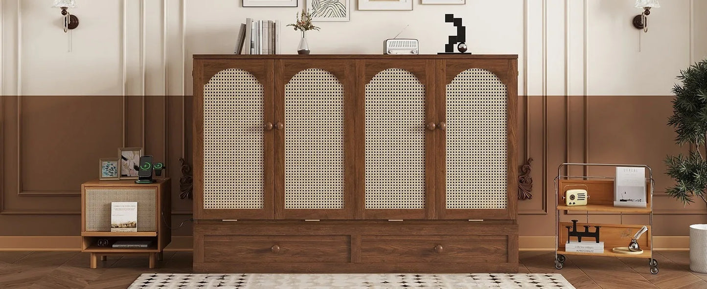 Queen Size Murphy Bed, Pine Wood Cabinet Bed with Power Station and Rattan Decoration Panel, Walnut detail view 9