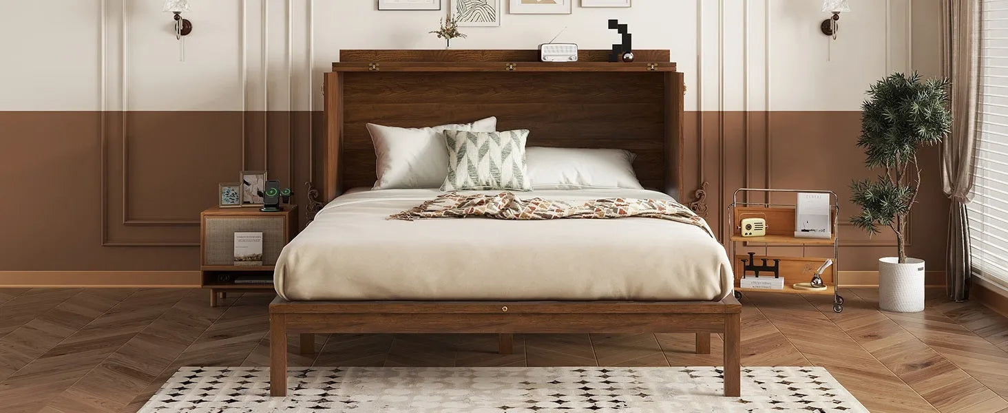 Queen Size Murphy Bed, Pine Wood Cabinet Bed with Power Station and Rattan Decoration Panel, Walnut detail view 10