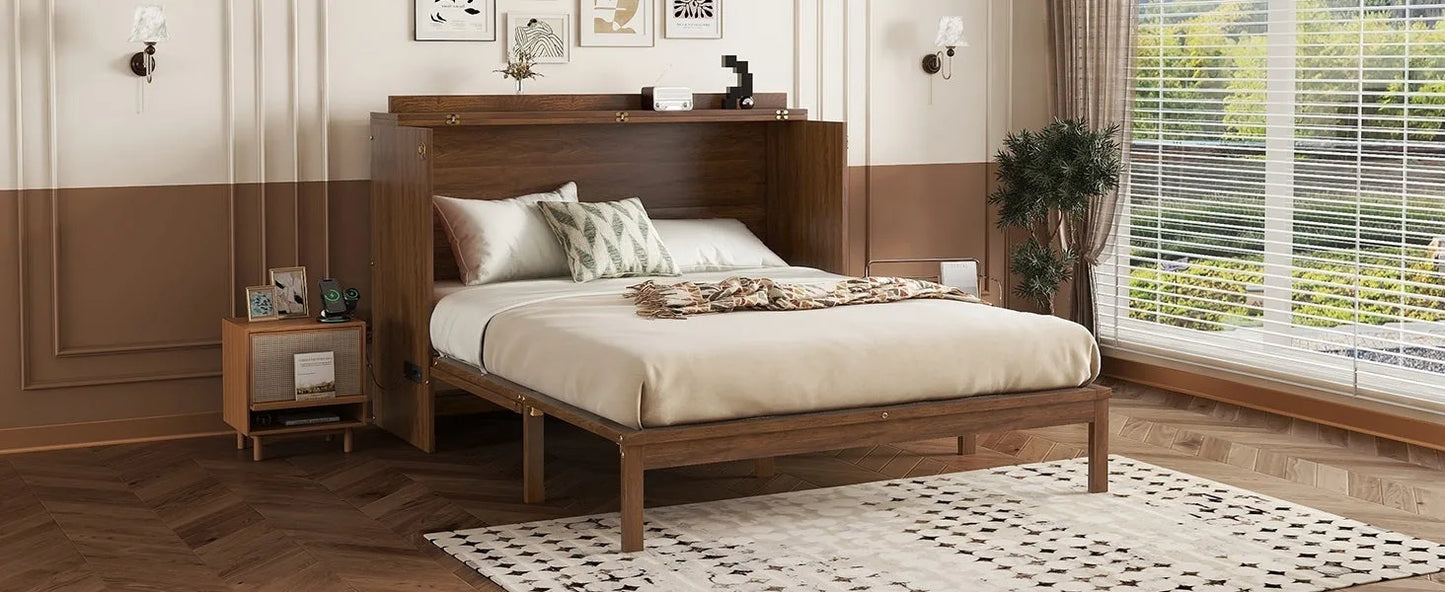 Queen Size Murphy Bed, Pine Wood Cabinet Bed with Power Station and Rattan Decoration Panel, Walnut detail view 11