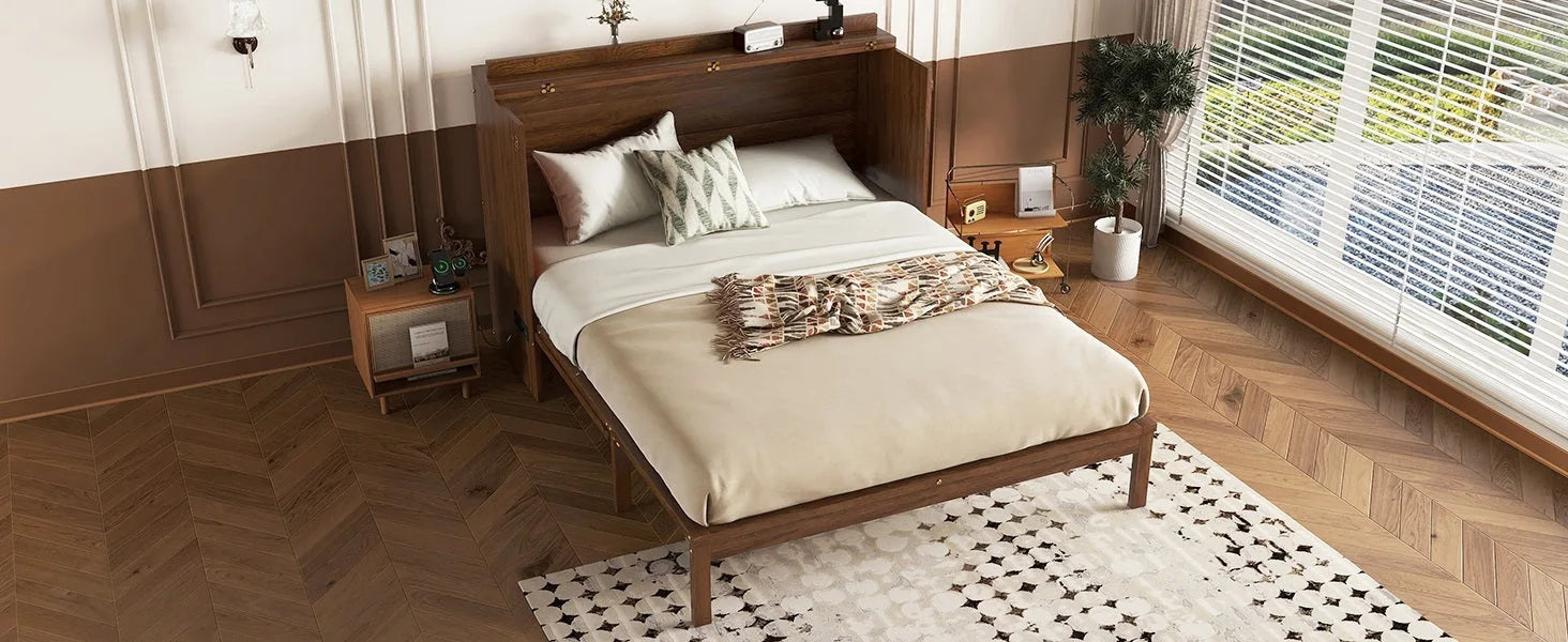Queen Size Murphy Bed, Pine Wood Cabinet Bed with Power Station and Rattan Decoration Panel, Walnut detail view 12