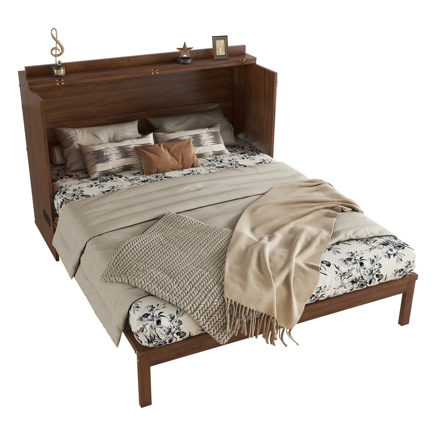 Queen Size Murphy Bed, Pine Wood Cabinet Bed with Power Station and Rattan Decoration Panel, Walnut detail view 13