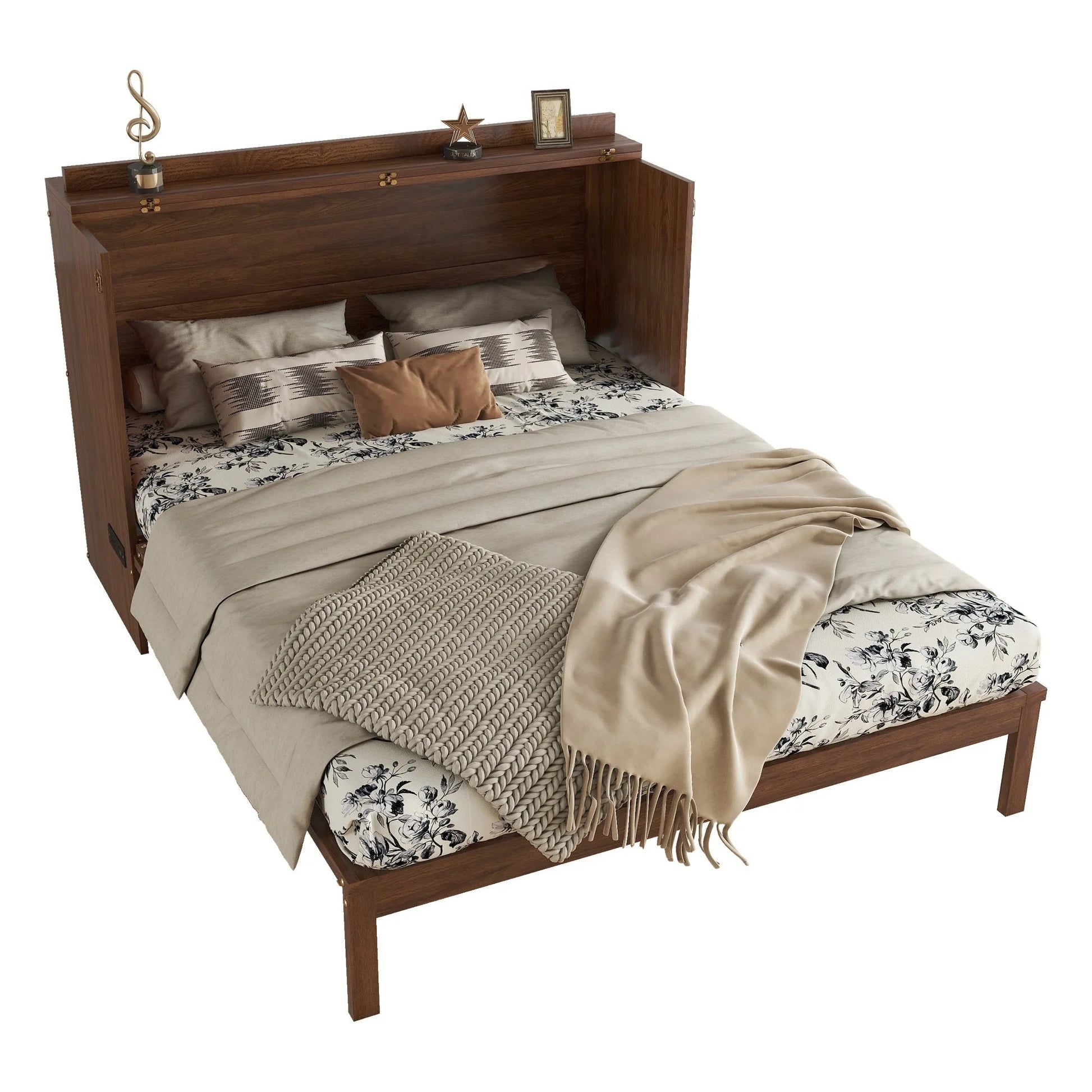 Queen Size Murphy Bed, Pine Wood Cabinet Bed with Power Station and Rattan Decoration Panel, Walnut detail view 13