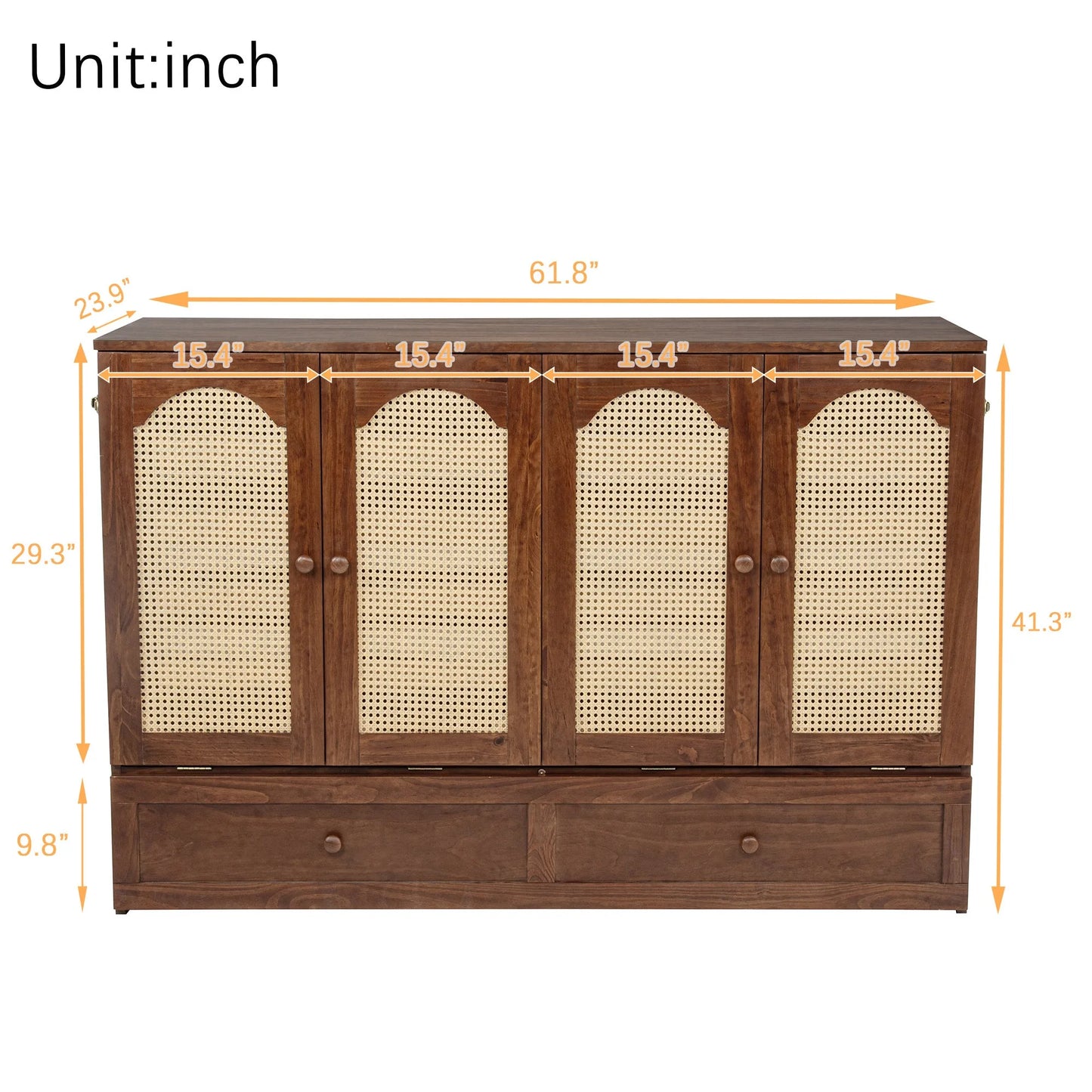 Queen Size Murphy Bed, Pine Wood Cabinet Bed with Power Station and Rattan Decoration Panel, Walnut detail view 14