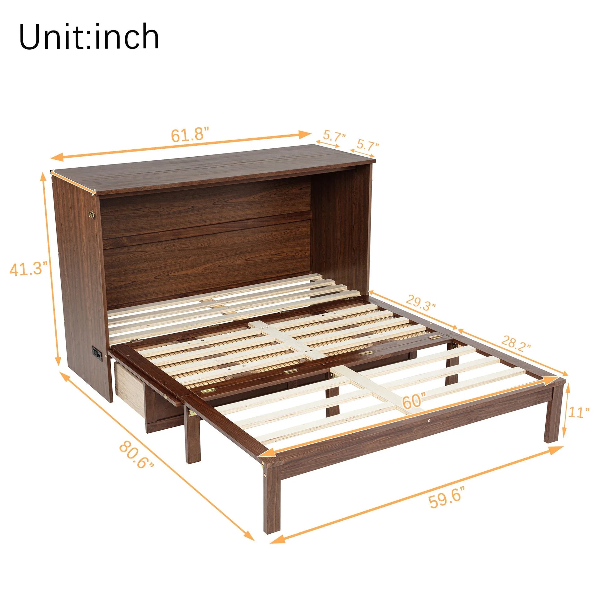 Queen Size Murphy Bed, Pine Wood Cabinet Bed with Power Station and Rattan Decoration Panel, Walnut detail view 15