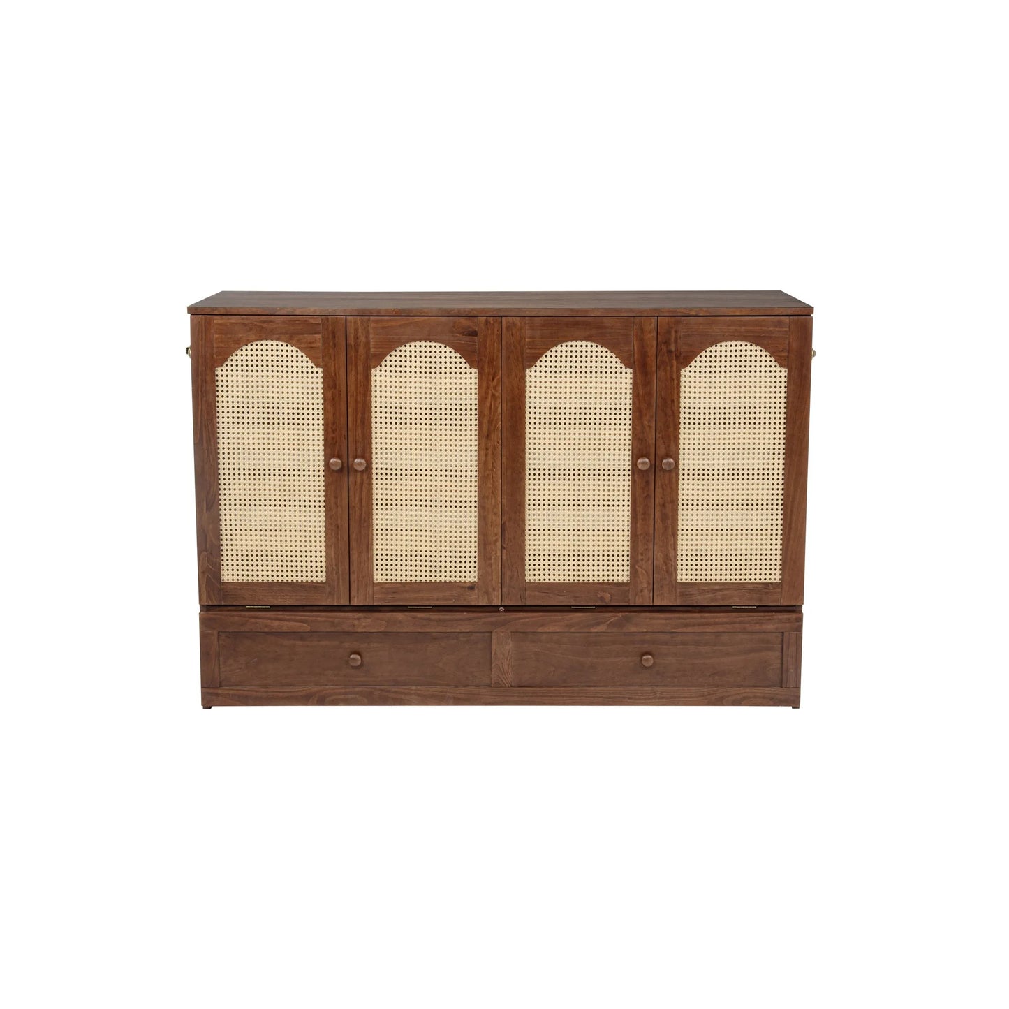 Queen Size Murphy Bed, Pine Wood Cabinet Bed with Power Station and Rattan Decoration Panel, Walnut detail view 16