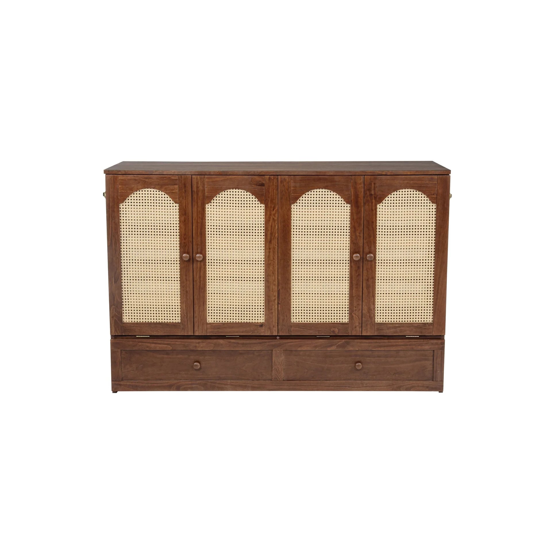 Queen Size Murphy Bed, Pine Wood Cabinet Bed with Power Station and Rattan Decoration Panel, Walnut detail view 16