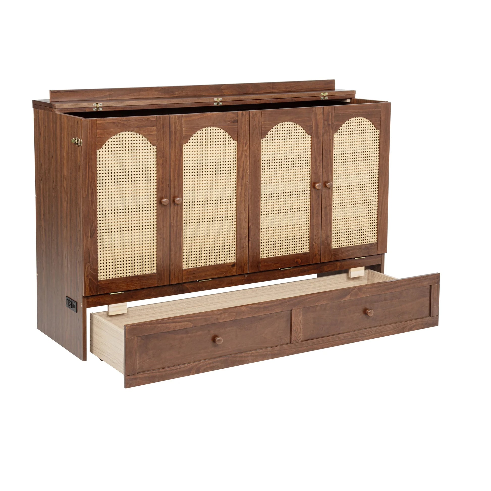 Queen Size Murphy Bed, Pine Wood Cabinet Bed with Power Station and Rattan Decoration Panel, Walnut detail view 17