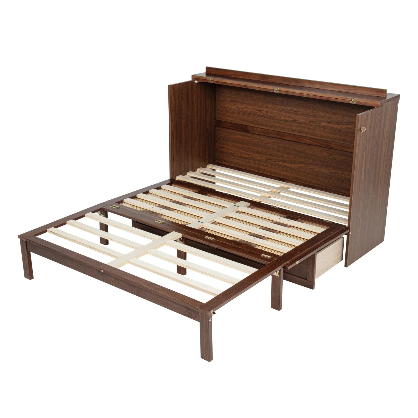 Queen Size Murphy Bed, Pine Wood Cabinet Bed with Power Station and Rattan Decoration Panel, Walnut detail view 18
