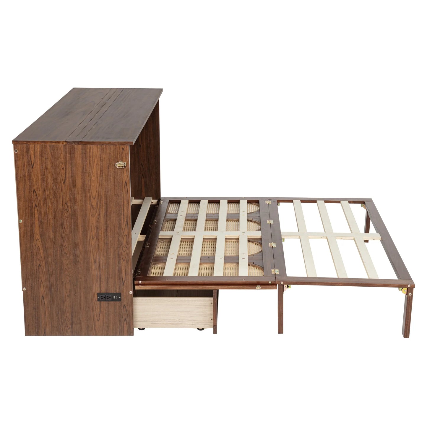 Queen Size Murphy Bed, Pine Wood Cabinet Bed with Power Station and Rattan Decoration Panel, Walnut detail view 19