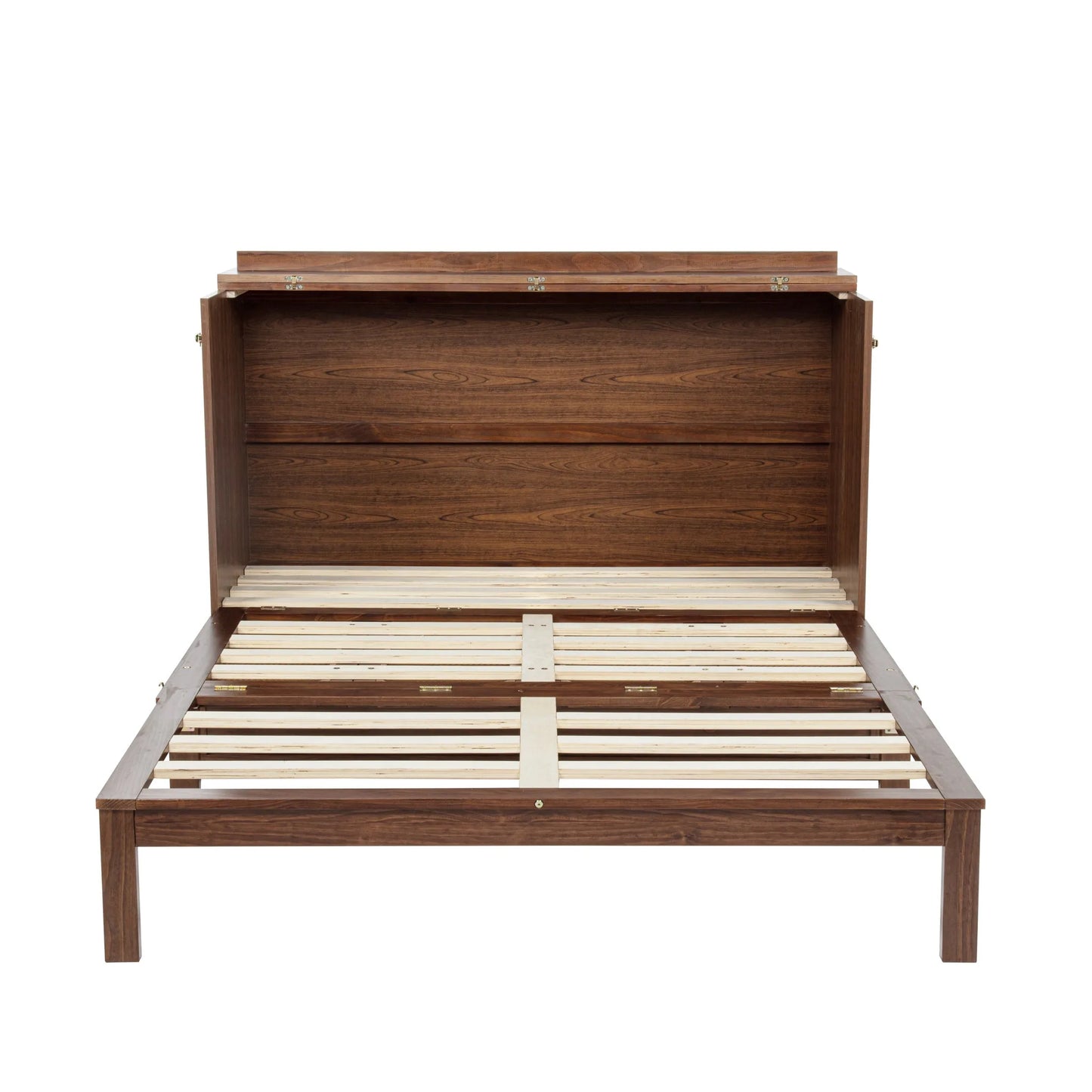 Queen Size Murphy Bed, Pine Wood Cabinet Bed with Power Station and Rattan Decoration Panel, Walnut detail view 20