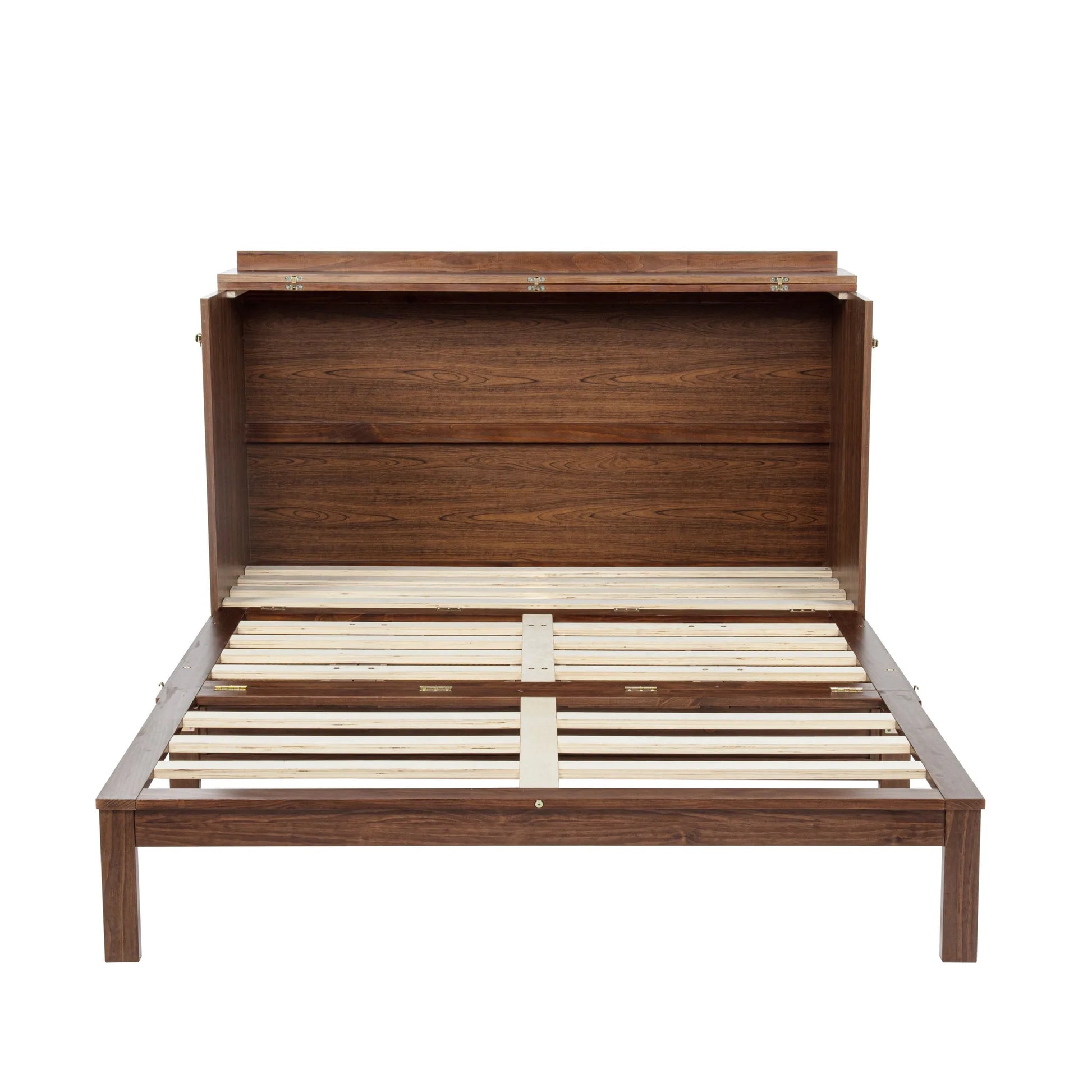 Queen Size Murphy Bed, Pine Wood Cabinet Bed with Power Station and Rattan Decoration Panel, Walnut detail view 20